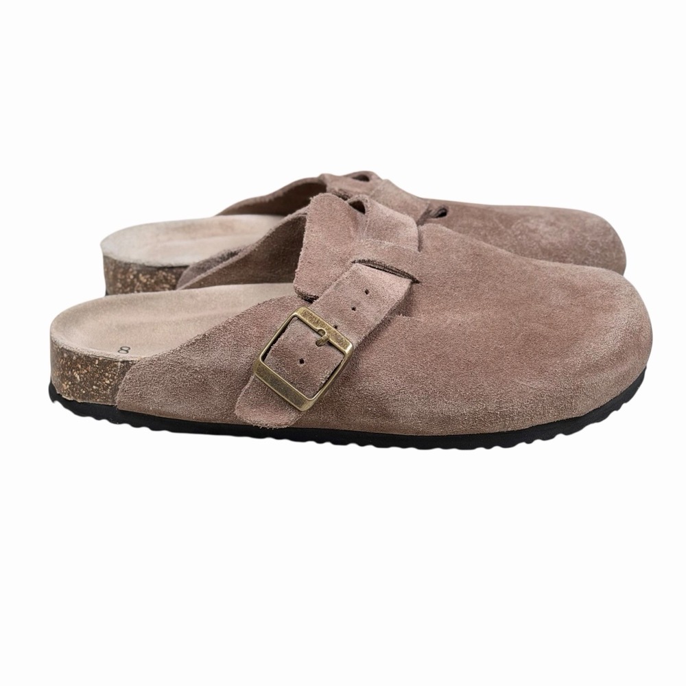 Quince Suede Clog Slippers Taupe Size 8 Women Adjustable Strap Buckle
